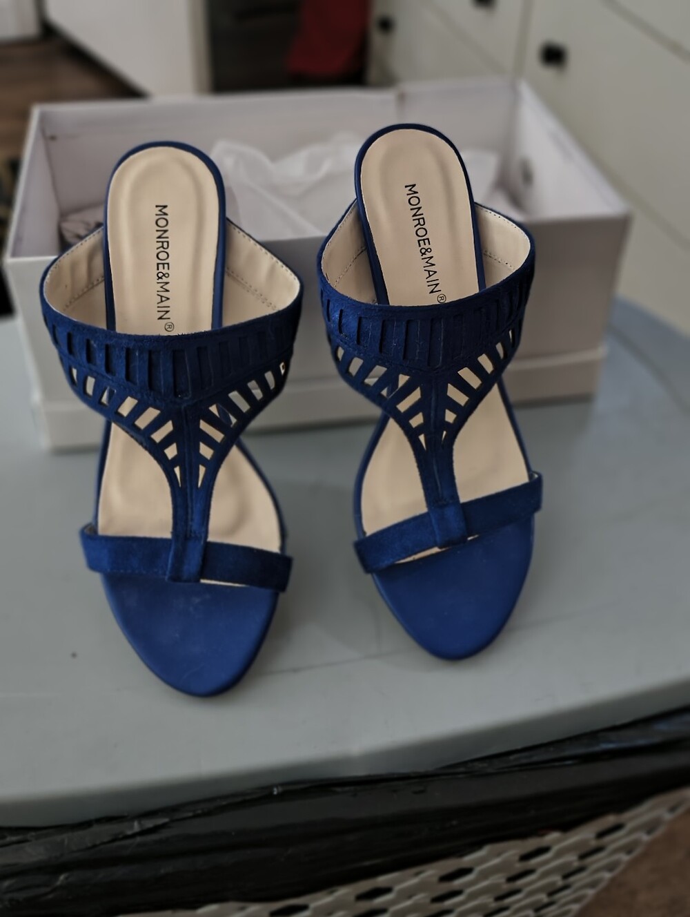 SOLD Monroe & Main Royal Blue Suede Laser-Cut Heeled Sandals